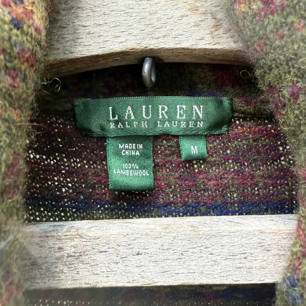 Vintage Lauren Ralph Lauren Lambswool Olive Green Fair isle Cardigan Sweater MED - Picture 2 of 8